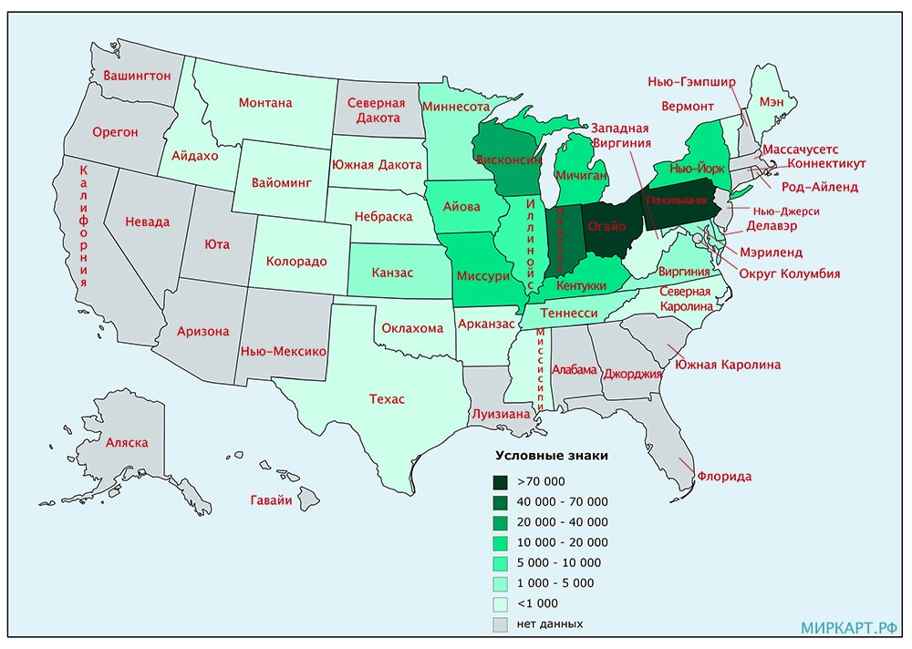 карта сша население амишей по штатам